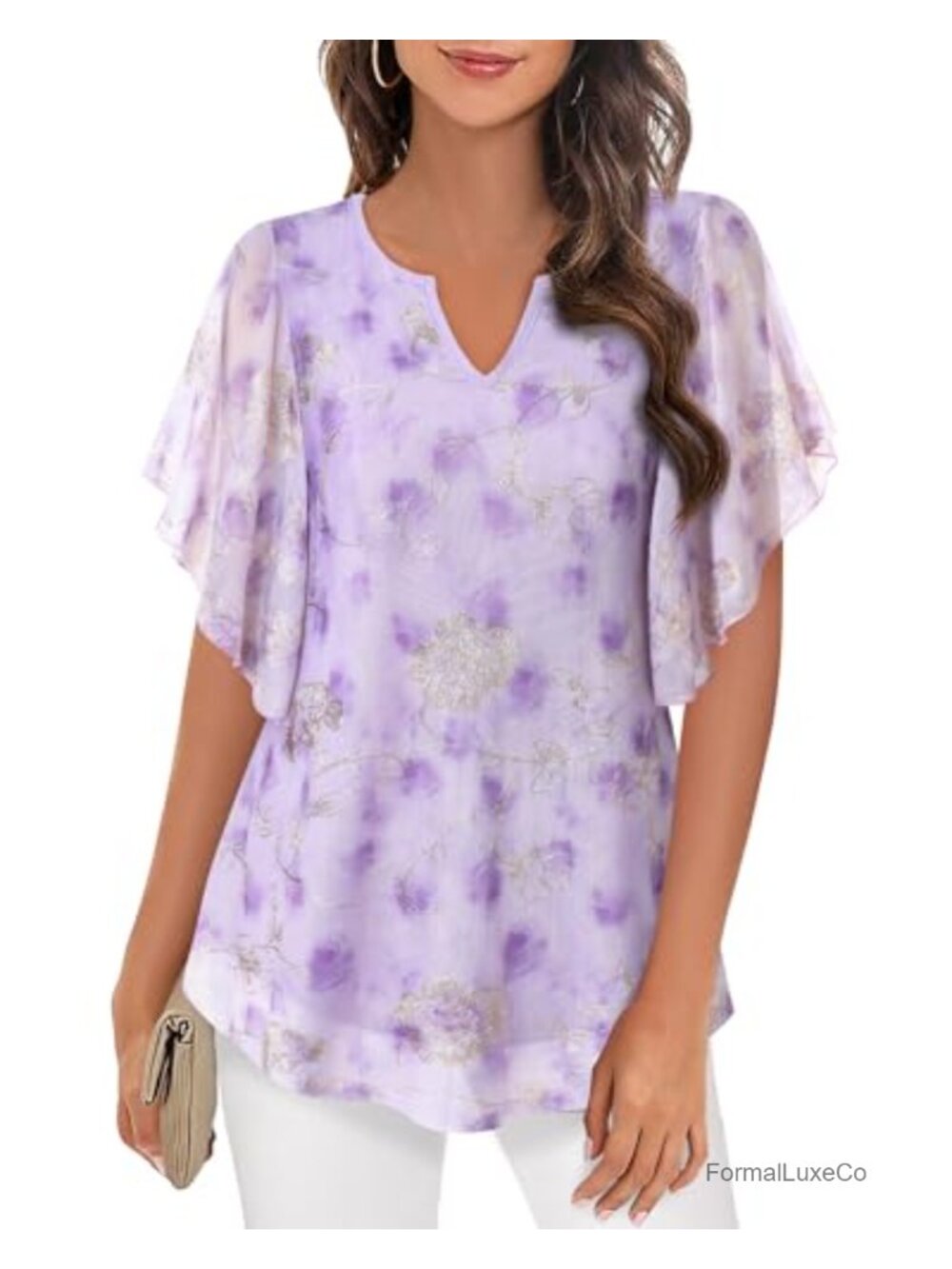 Elegant V-Neck Tunic Top Floral Mesh Ruffle Sleeve Double Layer Blouse